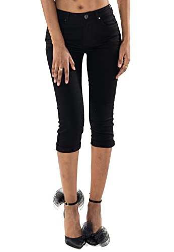 EGOMAXX Damen Capri Jeans Shorts Stretch Skinny 3/4 Bermuda Kurze 5 Pocket Hose Weich Denim Casual, Farben:Schwarz, Größe:48 von EGOMAXX