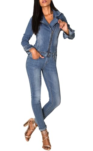 EGOMAXX Damen Jeans Anzug Overall Biker Jumpsuit Hosenanzug Einteiler Asymmetrisch, Farben:Blau, Größe:44 von EGOMAXX
