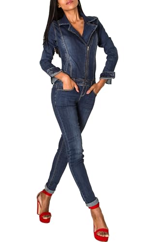 EGOMAXX Damen Jeans Anzug Overall Biker Jumpsuit Hosenanzug Einteiler Asymmetrisch, Farben:Dunkelblau, Größe:42 von EGOMAXX