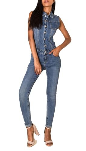 EGOMAXX Damen Jeans Anzug Overall Jumpsuit Hosenanzug Einteiler, Farben:Blau, Größe:42 von EGOMAXX