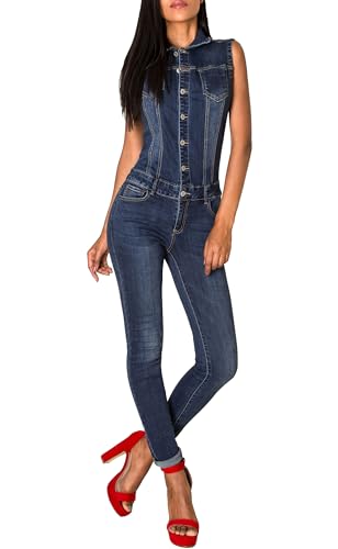 EGOMAXX Damen Jeans Overall Jumpsuit Ärmellos Hosenanzug Einteiler, Farben:Dunkelblau, Größe:44 von EGOMAXX