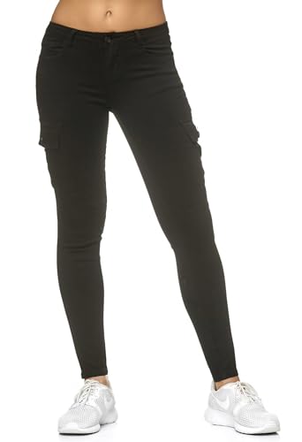 EGOMAXX Damen Treggings Cargo Stretch Skinny Jeans Hose Denim Röhrenjeans, Farben:Schwarz, Größe:44 von EGOMAXX