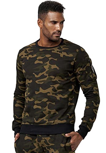 EGOMAXX Herren Sweatshirt Pullover ohne Kapuze Warmer Basic Rundhals Sweater Camo Jumper mit Armtasche, Farben:Camo Grün, Größe Pullover:3XL von EGOMAXX