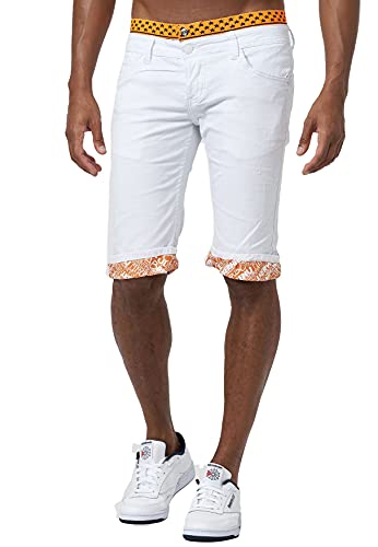 EGOMAXX Jaylvis Herren Jeans Shorts Kurze Stretch Capri Hose Bermuda 3/4 Design Slim Fit Biker Pants, Farben:Weiß-Orange, Größe:28W von EGOMAXX