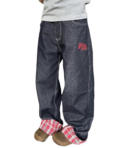 Baggy Jeanshose Damen - Hip Hop Hohe Taille Hose Mit Skull Print - Lose Weite Bein Denim Streetwear Freizeithose von EGSDMNVSQ