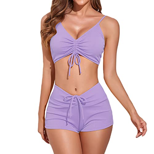 Bikini Set Damen Zweiteiliger Badeanzug Bademode Push Up Bikini und Hotpants Träger Oberteil Kordelzug Side Bikinihose Shorts Schwimmanzug von EGSDMNVSQ