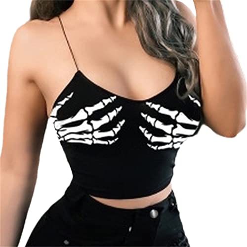 Crop Top Damen Leibchen Tank Top mit Skelett Hände Druck Bauchfrei Armellos Oberteile Weste Unterhemd Party Clubwear Shirt Spaghetti Top von EGSDMNVSQ