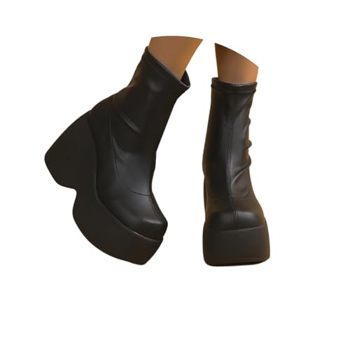 Damen High Heel Ritterstiefel Klobiger Absatz Lederstiefel Frauen Plateau Schwarz Winterstiefel Roune Zehe Partyschuhe von EGSDMNVSQ