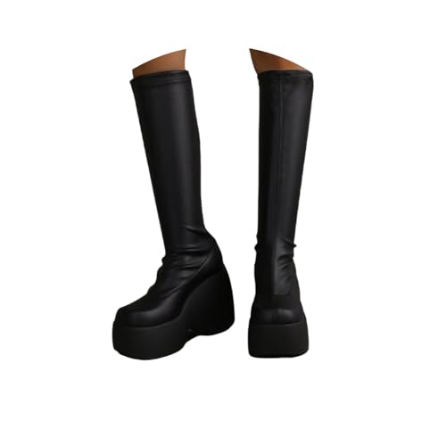 Damen High Heel Ritterstiefel Klobiger Absatz Lederstiefel Frauen Plateau Schwarz Winterstiefel Roune Zehe Partyschuhe von EGSDMNVSQ