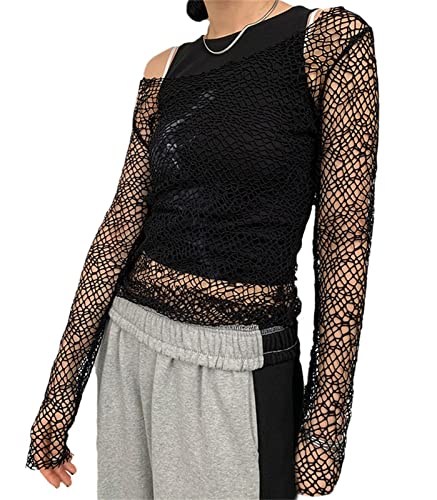Damen Hollow Out Crochet Knit Y2K Langarm Crop Top Jumper Cover Up Pullover Streetwear Outfits Blouse E-Girl 90s Vintage von EGSDMNVSQ
