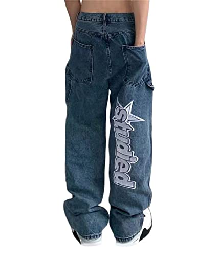 Damen Jeanshosen Schmetterlingsdruck Frauen Breite Hosen Teenager Mädchen Jeans Straight Leg Pants Boyfriend Patchwork Jeans Vintage E-Girl Style Y2K Schlagjeans Hose von EGSDMNVSQ