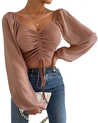 Damen Langarmshirts Bauchfrei Oberteil Durchsichtig Ärmel Crop Top Kurz Langarmshirt Herzausschnitt Tops mit Tunnelzug T-Shirt mit Tunnelzug von EGSDMNVSQ