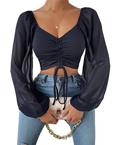 Damen Langarmshirts Bauchfrei Oberteil Durchsichtig Ärmel Crop Top Kurz Langarmshirt Herzausschnitt Tops mit Tunnelzug T-Shirt mit Tunnelzug von EGSDMNVSQ