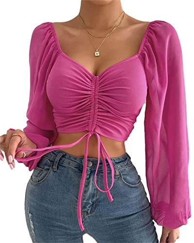 Damen Langarmshirts Bauchfrei Oberteil Durchsichtig Ärmel Crop Top Kurz Langarmshirt Herzausschnitt Tops mit Tunnelzug T-Shirt mit Tunnelzug von EGSDMNVSQ