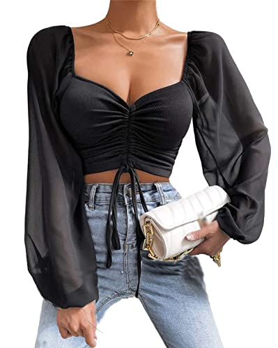 Damen Langarmshirts Bauchfrei Oberteil Durchsichtig Ärmel Crop Top Kurz Langarmshirt Herzausschnitt Tops mit Tunnelzug T-Shirt mit Tunnelzug von EGSDMNVSQ