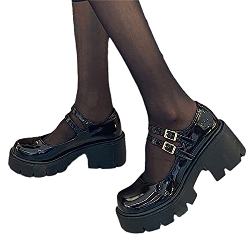 Damen Schwarz Mary Jane Schuhe Sweet Toe Knöchel Gothic Plattform Frauen Pumps Schuhe Chunky Plattform Gothic Schuhe Lackleder Kleid Schuhe Süße von EGSDMNVSQ