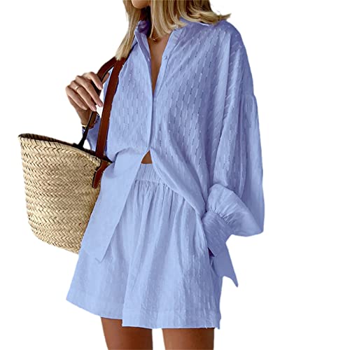 EGSDMNVSQ Damen Sommer Freizeit Basic 2 Teilig Trainingsanzug Langarm Revers V-Ausschnitt Button Down Shirt + Hohe Taille Plissee Shorts mit Gefüttert Zweiteilige Outfits Loungewear von EGSDMNVSQ