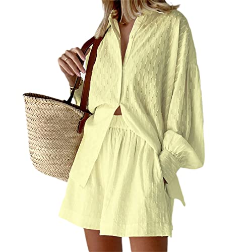 EGSDMNVSQ Damen Sommer Freizeit Basic 2 Teilig Trainingsanzug Langarm Revers V-Ausschnitt Button Down Shirt + Hohe Taille Plissee Shorts mit Gefüttert Zweiteilige Outfits Loungewear von EGSDMNVSQ