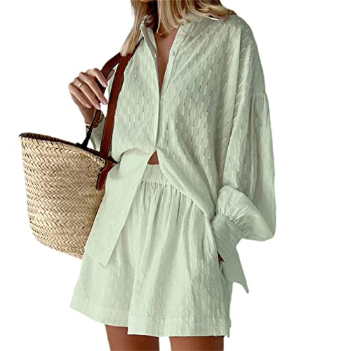 EGSDMNVSQ Damen Sommer Freizeit Basic 2 Teilig Trainingsanzug Langarm Revers V-Ausschnitt Button Down Shirt + Hohe Taille Plissee Shorts mit Gefüttert Zweiteilige Outfits Loungewear von EGSDMNVSQ