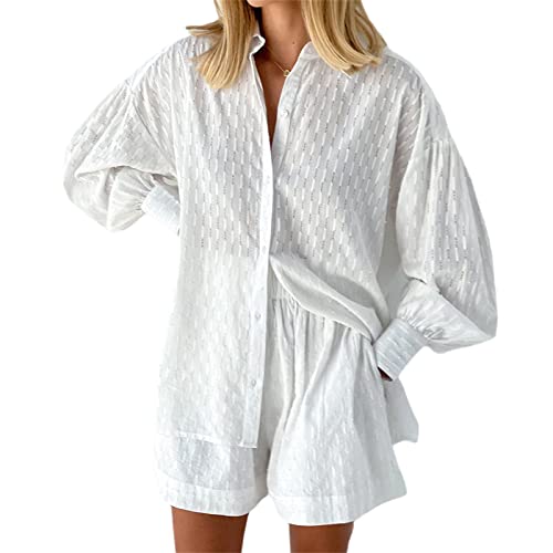 EGSDMNVSQ Damen Sommer Freizeit Basic 2 Teilig Trainingsanzug Langarm Revers V-Ausschnitt Button Down Shirt + Hohe Taille Plissee Shorts mit Gefüttert Zweiteilige Outfits Loungewear von EGSDMNVSQ