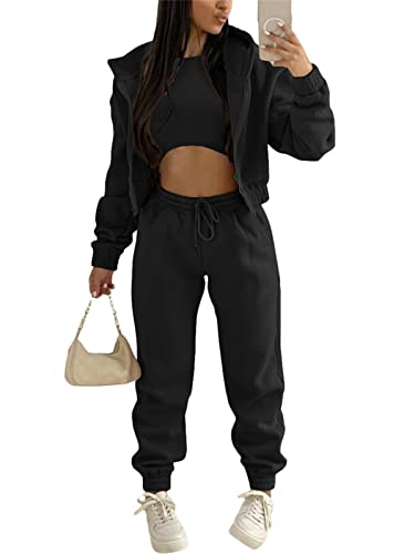 EGSDMNVSQ 3 teiliges Set Damen Jogginganzug Sport Yoga Outfit Freizeitanzug Sportswear Hoodie Sweatjack Langarm Kapuzenjacke + Crop Top mit Kapuze + Jogginghose mit Taschen Sportanzug Fitnessanzug von EGSDMNVSQ