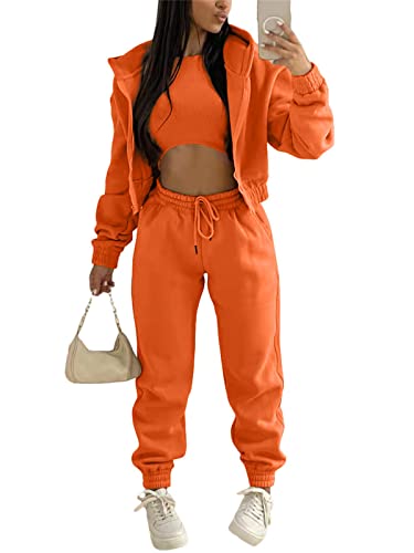 EGSDMNVSQ 3 teiliges Set Damen Jogginganzug Sport Yoga Outfit Freizeitanzug Sportswear Hoodie Sweatjack Langarm Kapuzenjacke + Crop Top mit Kapuze + Jogginghose mit Taschen Sportanzug Fitnessanzug von EGSDMNVSQ