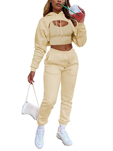 EGSDMNVSQ 3 teiliges Set Damen Jogginganzug Sport Yoga Outfit Freizeitanzug Sportswear Hoodie Sweatjack Langarm Kapuzenjacke + Crop Top mit Kapuze + Jogginghose mit Taschen Sportanzug Fitnessanzug von EGSDMNVSQ