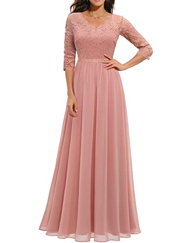 EGSDMNVSQ Abendkleider Damen Spitzenkleider Hochzeit Elegant Rundhalsausschnitt 3/4 Ärmel Langes Kleid Plissee Maxikleider Cocktail Party Ballkleider von EGSDMNVSQ