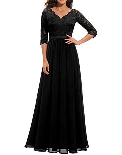 EGSDMNVSQ Abendkleider Damen Spitzenkleider Hochzeit Elegant Rundhalsausschnitt 3/4 Ärmel Langes Kleid Plissee Maxikleider Cocktail Party Ballkleider von EGSDMNVSQ