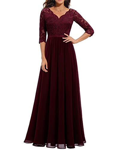 EGSDMNVSQ Abendkleider Damen Spitzenkleider Hochzeit Elegant Rundhalsausschnitt 3/4 Ärmel Langes Kleid Plissee Maxikleider Cocktail Party Ballkleider von EGSDMNVSQ