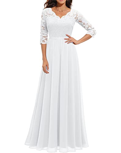 EGSDMNVSQ Abendkleider Damen Spitzenkleider Hochzeit Elegant Rundhalsausschnitt 3/4 Ärmel Langes Kleid Plissee Maxikleider Cocktail Party Ballkleider von EGSDMNVSQ