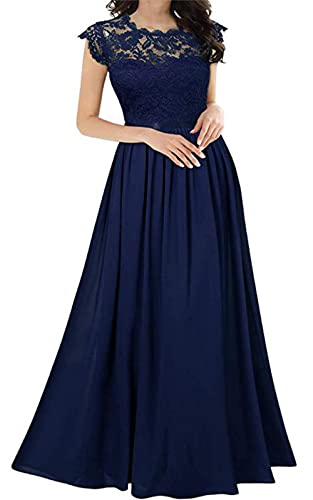 EGSDMNVSQ Abendkleider Damen Spitzenkleider Hochzeit Elegant Rundhalsausschnitt 3/4 Ärmel Langes Kleid Plissee Maxikleider Cocktail Party Ballkleider von EGSDMNVSQ