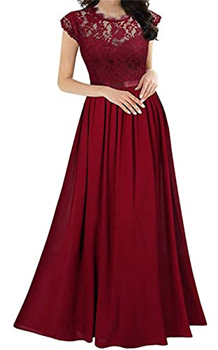 EGSDMNVSQ Abendkleider Damen Spitzenkleider Hochzeit Elegant Rundhalsausschnitt 3/4 Ärmel Langes Kleid Plissee Maxikleider Cocktail Party Ballkleider von EGSDMNVSQ