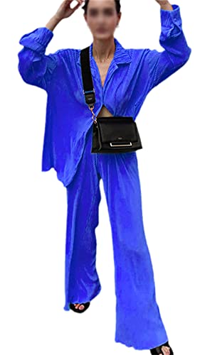 EGSDMNVSQ Activewear Sets für Damen Elegant 2 Teiler Outfit Set Revers Langarm Button Down Shirt Hohe Taille Lange Hosen Loungewear Streetwear Anzüge Trainingsanzüge von EGSDMNVSQ