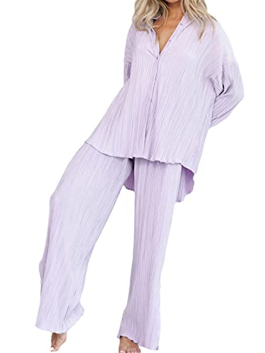 EGSDMNVSQ Activewear Sets für Damen Elegant 2 Teiler Outfit Set Revers Langarm Button Down Shirt Hohe Taille Lange Hosen Loungewear Streetwear Anzüge Trainingsanzüge von EGSDMNVSQ