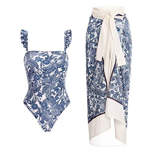 EGSDMNVSQ Badeanzug Damen Einteiler Bikini Set mit Langer Rock Boho Badeanzüge Outfits Sexy Bademode Swimsuit mit Strandrock V Ausschnitt Schwimmanzug mit Wickelrock Strandurlaub von EGSDMNVSQ