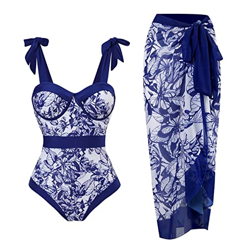 EGSDMNVSQ Badeanzug Damen Einteiler Bikini Set mit Langer Rock Boho Badeanzüge Outfits Sexy Bademode Swimsuit mit Strandrock V Ausschnitt Schwimmanzug mit Wickelrock Strandurlaub von EGSDMNVSQ