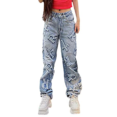 EGSDMNVSQ Baggy Jeans Damen Denim Hose Y2K Brief Drucken Jean Harajuku Hose Straight Leg Vintage Hip Hop Freizeithose Jeans mit Taschen Lose E-Girl High Waist Pants Streetwear von EGSDMNVSQ