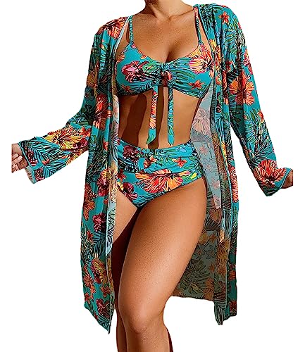 EGSDMNVSQ Bikini Damen Dreiteiliger Bikini Set Boho Drucke Badeanzug Push Up Bikini Bauchweg Bademode Bikini Slip 3 Stück Blumenmuster Badeanzug Swimsuit von EGSDMNVSQ