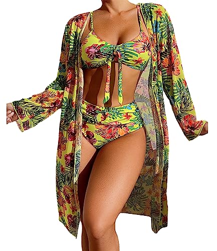 EGSDMNVSQ Bikini Damen Dreiteiliger Bikini Set Boho Drucke Badeanzug Push Up Bikini Bauchweg Bademode Bikini Slip 3 Stück Blumenmuster Badeanzug Swimsuit von EGSDMNVSQ