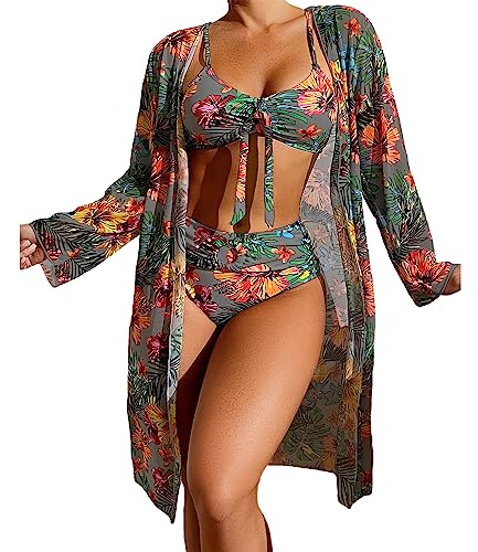 EGSDMNVSQ Bikini Damen Dreiteiliger Bikini Set Boho Drucke Badeanzug Push Up Bikini Bauchweg Bademode Bikini Slip 3 Stück Blumenmuster Badeanzug Swimsuit von EGSDMNVSQ