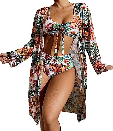 EGSDMNVSQ Bikini Damen Dreiteiliger Bikini Set Boho Drucke Badeanzug Push Up Bikini Bauchweg Bademode Bikini Slip 3 Stück Blumenmuster Badeanzug Swimsuit von EGSDMNVSQ