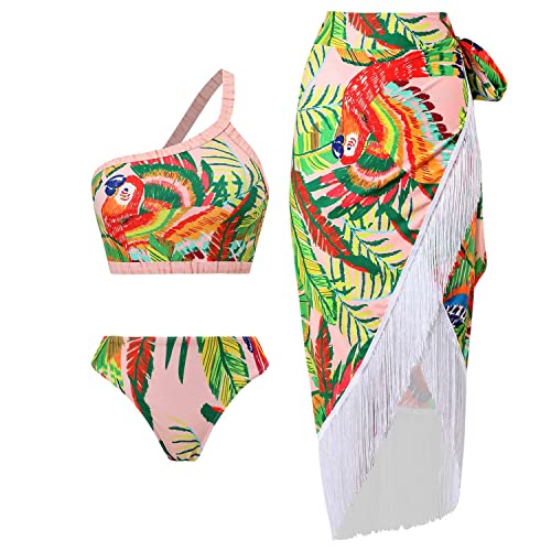 EGSDMNVSQ Bikini Set Damen 3 teilige Bauchweg Badeanzug Push Up Bikini Tropischem Blumendruck Badebekleidung Boho Vintage Vertuschung Cover Up Retro Strandkleid Schwimmanzug von EGSDMNVSQ