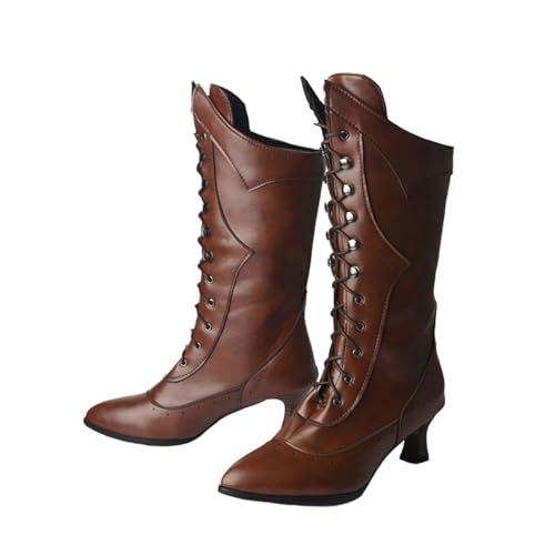 EGSDMNVSQ Blockabsatz Reißverschluss Stiefel Damen Gothic Punk Schnürung Lederstiefel Spitz Viktorianische Klassische Halbschaft Stiefel Vintage Fashion Absatz Stiefeletten von EGSDMNVSQ