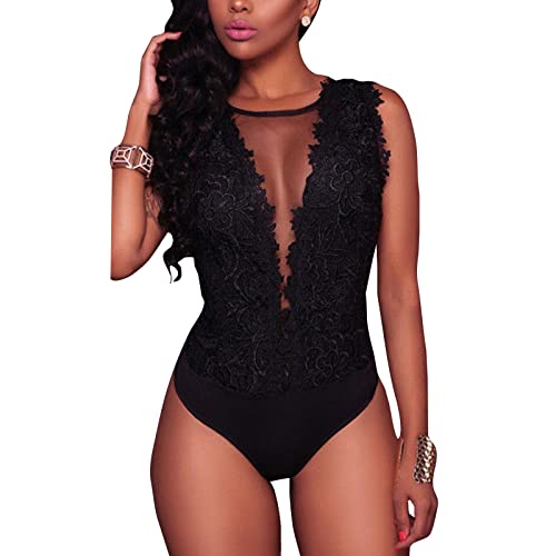 EGSDMNVSQ Bodysuit Damen Eleganter Body Tüll Spitze Jumpsuit Tiefem V Ausschnitt Reizwäsche Ärmellos Babydoll Nachtwäsche Transparent Strandponcho Strandkleid von EGSDMNVSQ