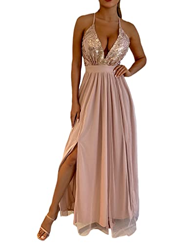 EGSDMNVSQ Cocktailkleider Damen Elegant Spitzenkleid mit Schlitzen Hochzeitskleid Festliches Kleid Lang Abend Party Ballkleid Brautjungfer V-Ausschnitt Split Maxikleid Brautjungfernkleider von EGSDMNVSQ