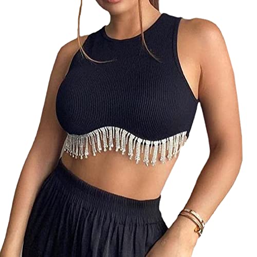 EGSDMNVSQ Crop Top Damen Sexy Y2K Ärmellos Funkelnd Strass Fransen Racerback Tank Top Rundhals Strick Corset Cropped Tops mit Glitzer Quaste Tops für Damen von EGSDMNVSQ