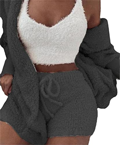 EGSDMNVSQ Damen 3-teiliges Pyjamas Set Mädchen Ensembles de Pyjama Warm Plüsch Samt Nachtwäsche mit U-Ausschnitt Kapuzenpullover Cardigan Crop Tank Top und Shorts/Hosen Hoher Taille Loungewear Outfits von EGSDMNVSQ