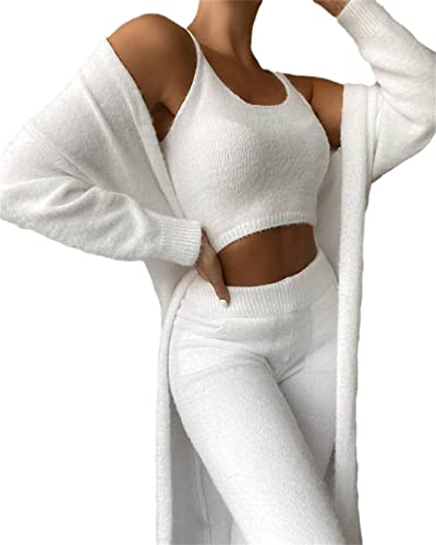 EGSDMNVSQ Damen 3-teiliges Pyjamas Set Mädchen Ensembles de Pyjama Warm Plüsch Samt Nachtwäsche mit U-Ausschnitt Kapuzenpullover Cardigan Crop Tank Top und Shorts/Hosen Hoher Taille Loungewear Outfits von EGSDMNVSQ