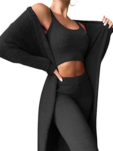 EGSDMNVSQ Damen 3-teiliges Pyjamas Set Mädchen Ensembles de Pyjama Warm Plüsch Samt Nachtwäsche mit U-Ausschnitt Kapuzenpullover Cardigan Crop Tank Top und Shorts/Hosen Hoher Taille Loungewear Outfits von EGSDMNVSQ